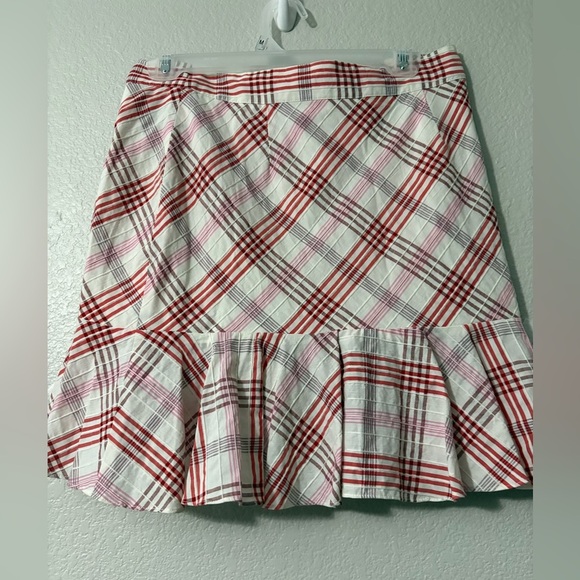 Veronica Beard Kaia White and Pink Plaid Asymmetrical Tiered Ruffle Mini Skirt. - Picture 3 of 13